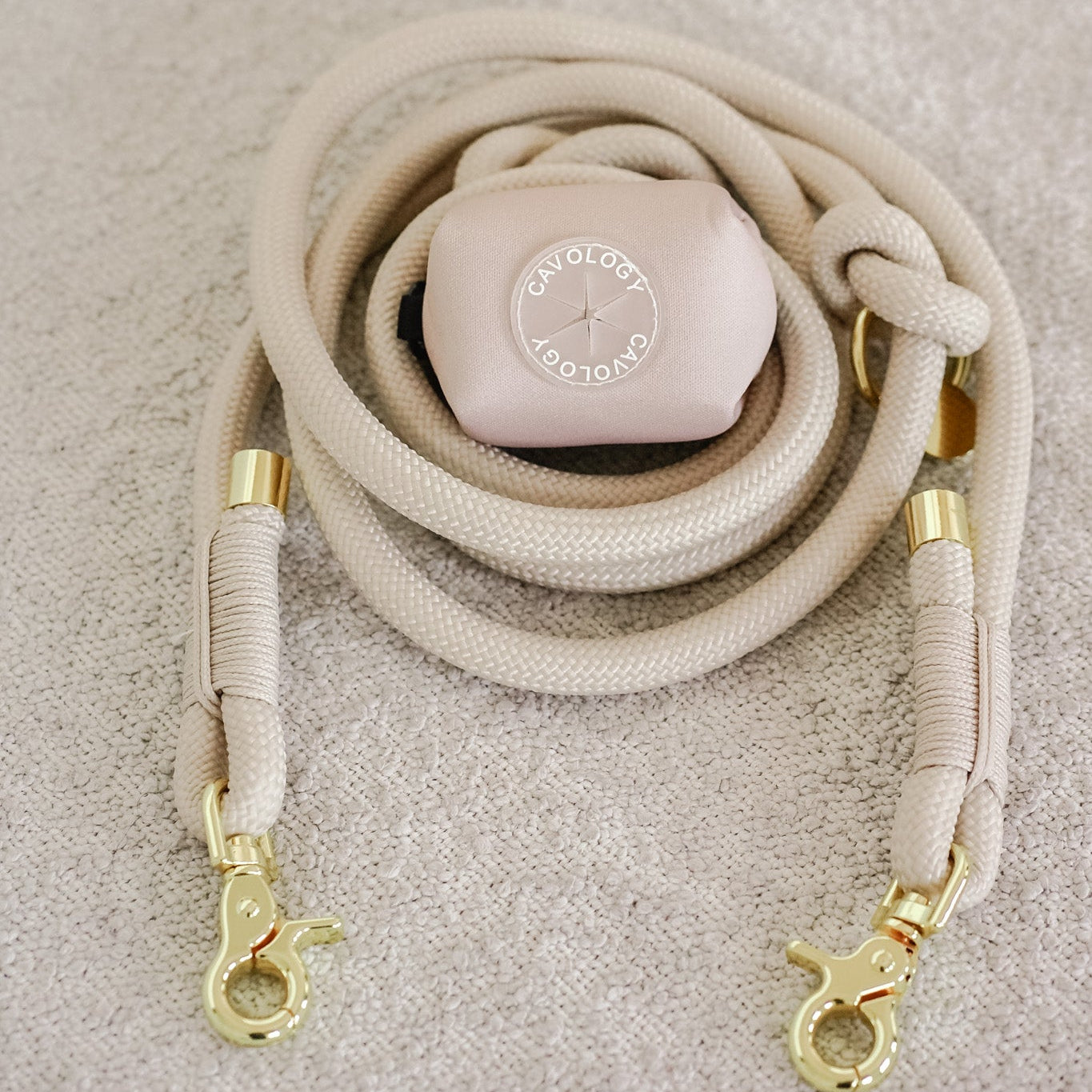 Cavology waste bag dispenser with matching braided rope dog leash in vanillla cream