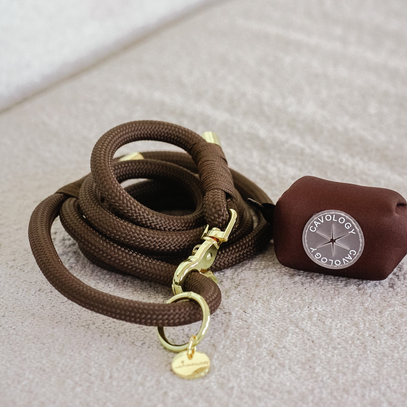 Cavology waste bag dispenser with matching braided rope dog leash in chocolate brown