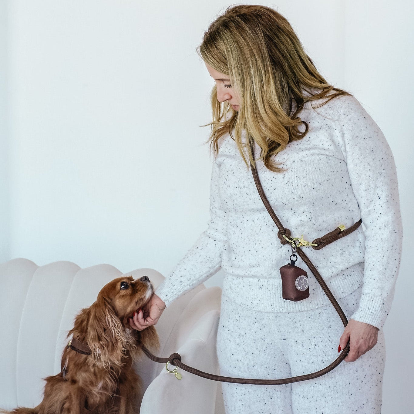 Cavology Easy O dog walking bundle with harness hands free rope leash and waste bag dispenser in chocolate brown