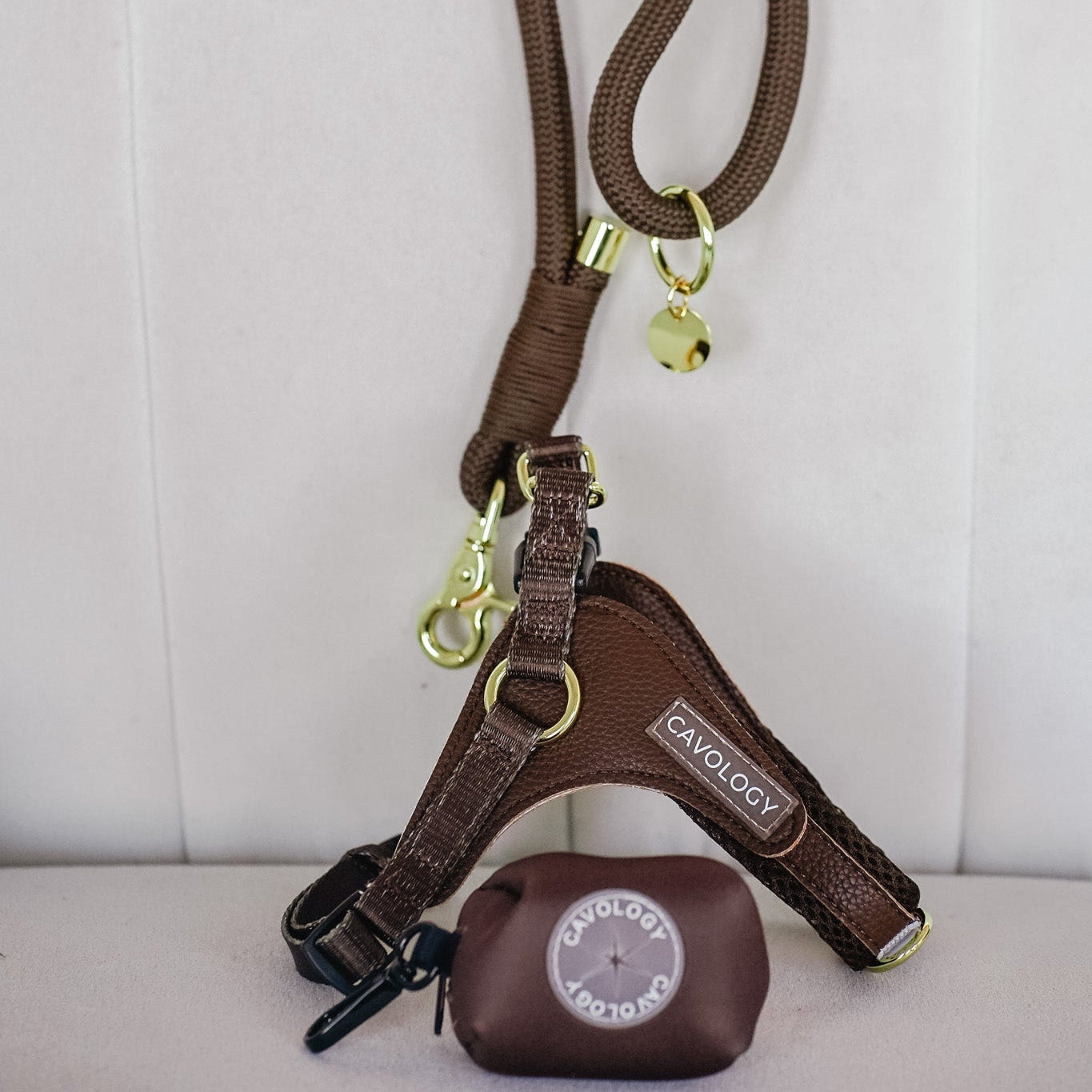 Cavology waste bag dispenser with matching braided rope dog leash and easy-o step in harness in chocolate brown