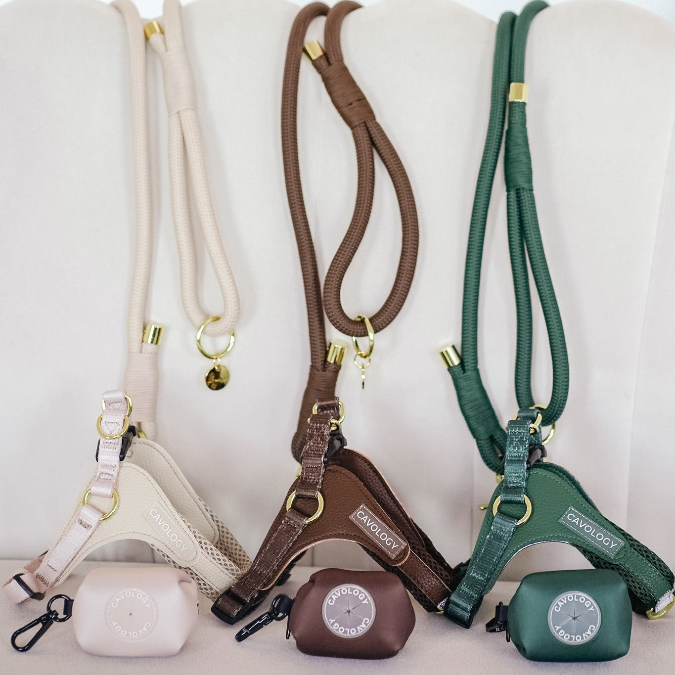 Cavology easy-o step in harness in chocolate brown with matching rope leash and waste bag dispenser