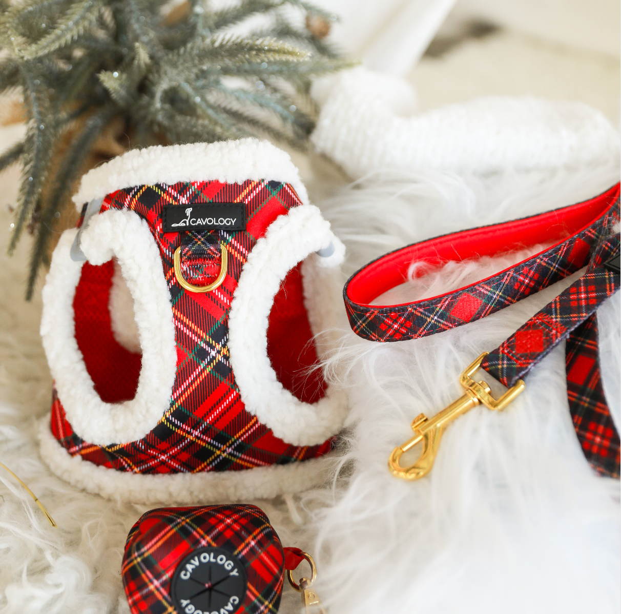 VEST STEP IN HARNESS - Red Plaid Tartan Sherpa Winter Wonderland