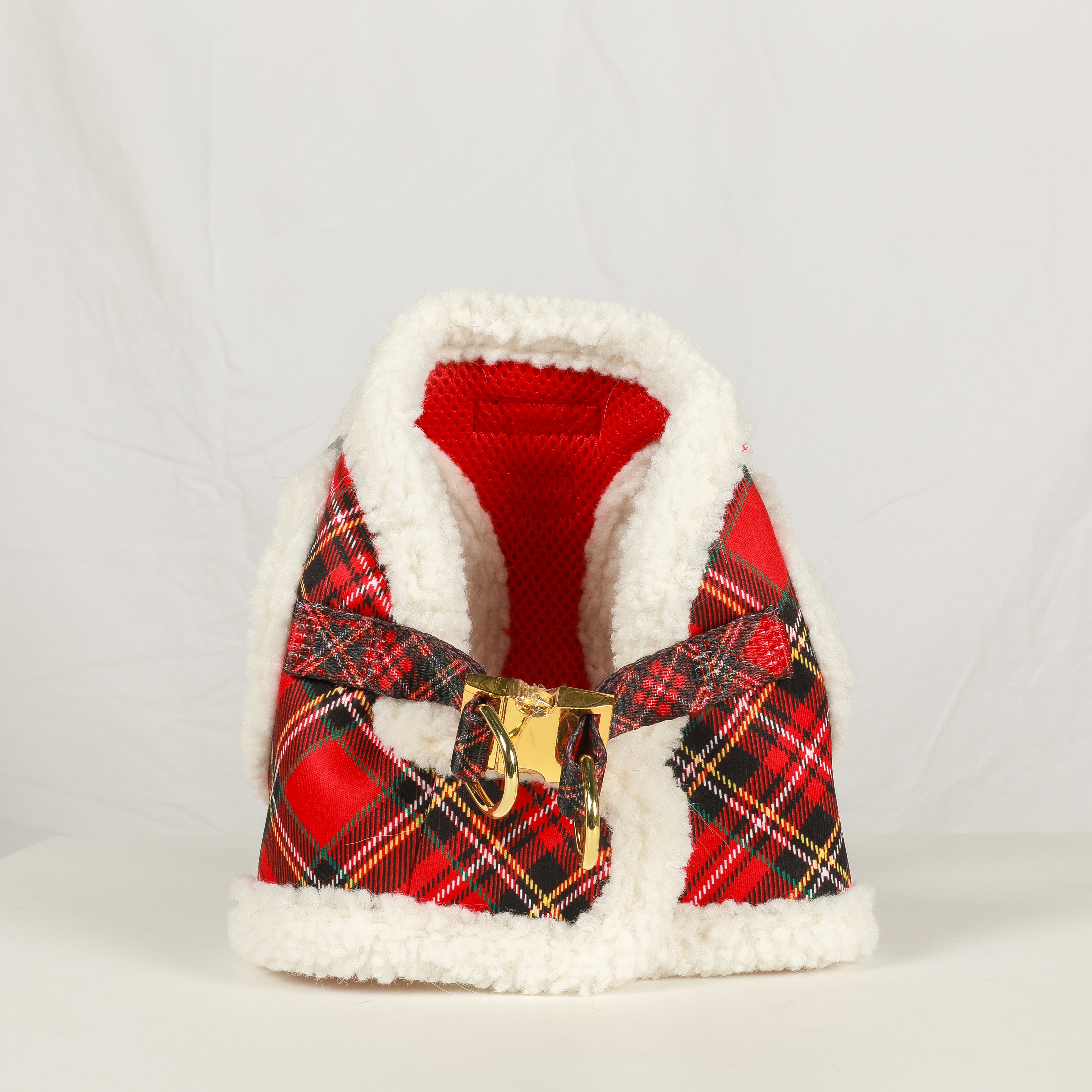 VEST STEP IN HARNESS - Red Plaid Tartan Sherpa Winter Wonderland