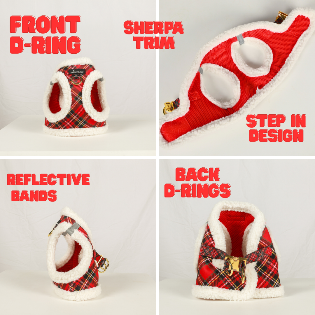 VEST STEP IN HARNESS - Red Plaid Tartan Sherpa Winter Wonderland
