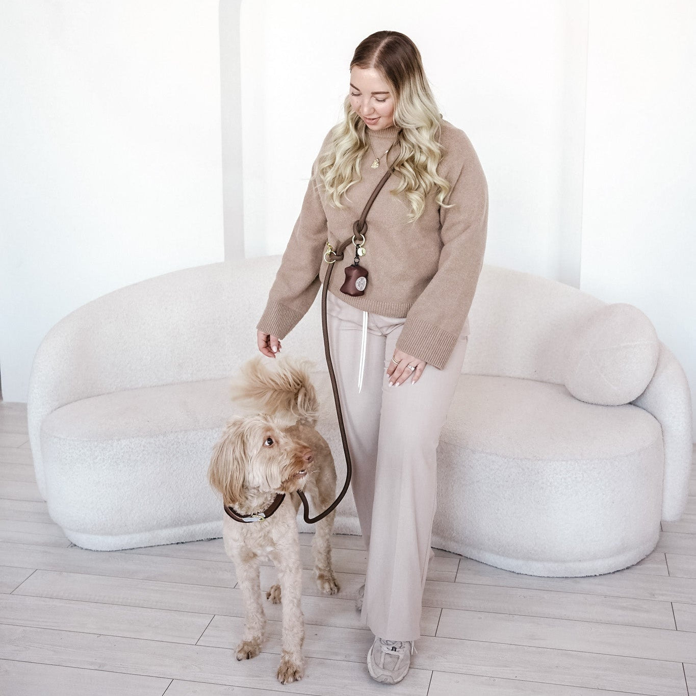 Cavology Easy O dog walking bundle with harness hands free rope leash and waste bag dispenser in chocolate brown