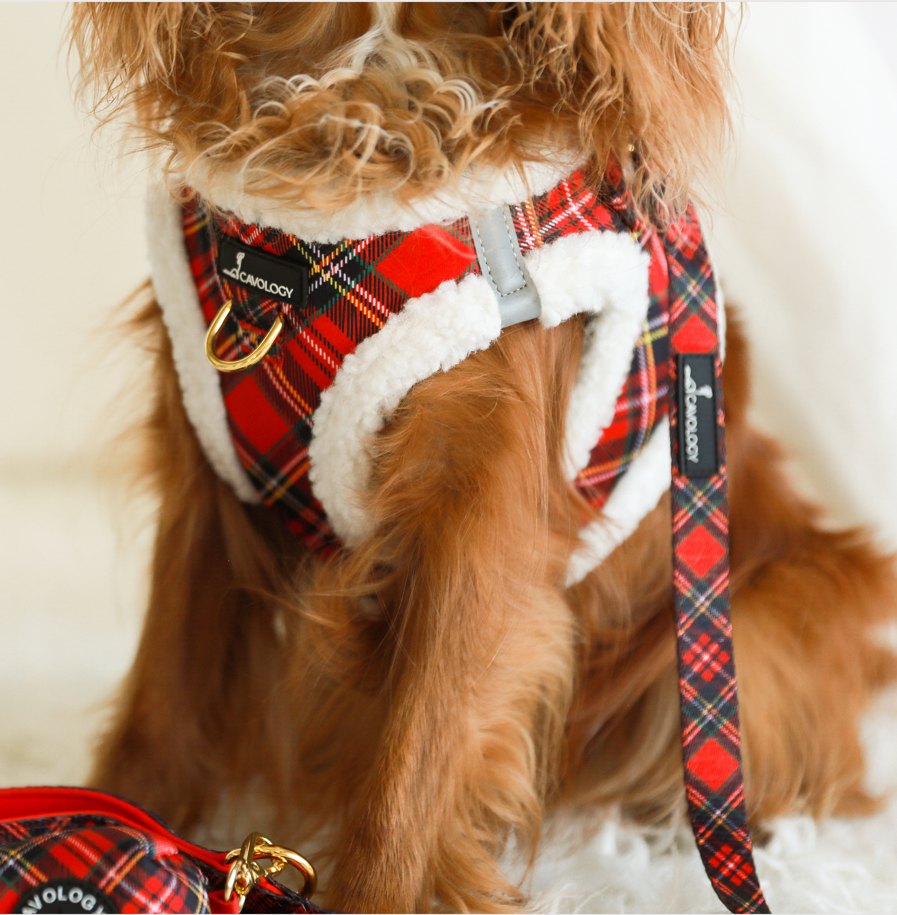 VEST STEP IN HARNESS - Red Plaid Tartan Sherpa Winter Wonderland