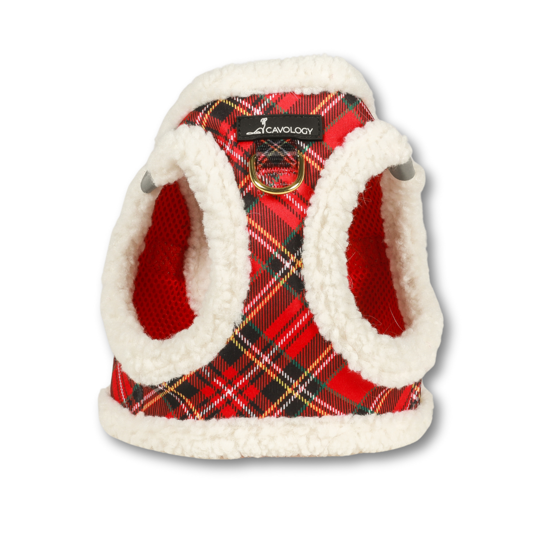 VEST STEP IN HARNESS - Red Plaid Tartan Sherpa Winter Wonderland