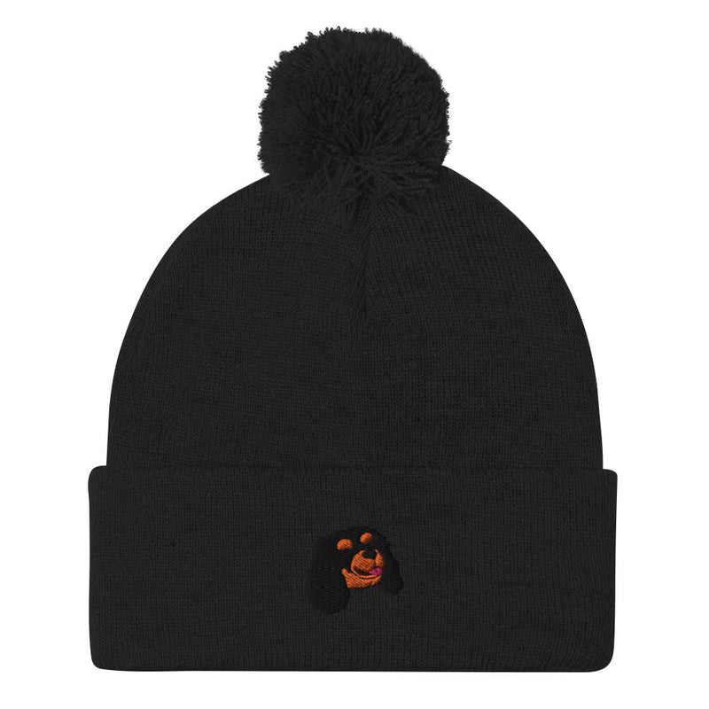 POM POM BEANIE - Embroided Black & Tan